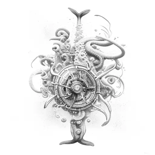 A dynamic composition of various sea creatures in motion, inspired by offshore rig life tattoo design idea