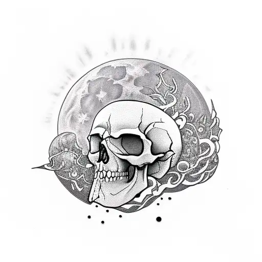 Skull, moon, lands tattoo design idea