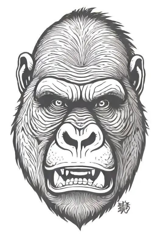  face of raging gorilla with mouth fully open and gazing straight. thin lines. black and grey. tribal style tattoo design idea