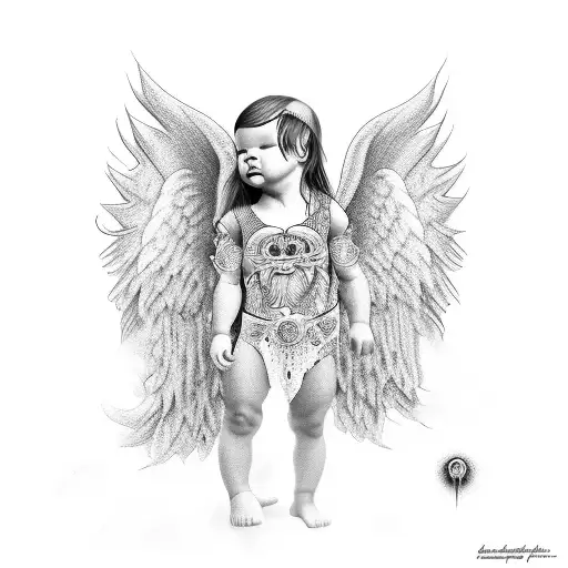 baby girl angel. with black angels at the back. with tribal design tattoo design idea