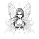 baby girl angel. with black angels at the back. with tribal design tattoo design idea