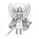 baby girl angel. with black angels at the back. with tribal design tattoo design idea