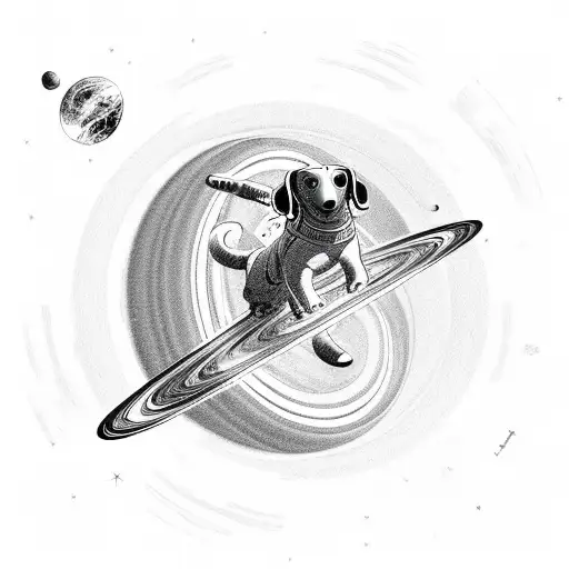 An astronaut riding a rollerblade on the rings of Saturn, with a dachshund floating beside them tattoo design idea