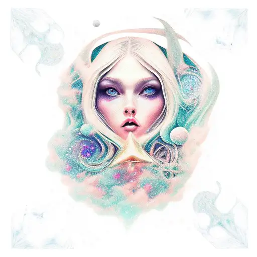 dreamy figure in a witchy artstyle but soft. starry tattoo design idea