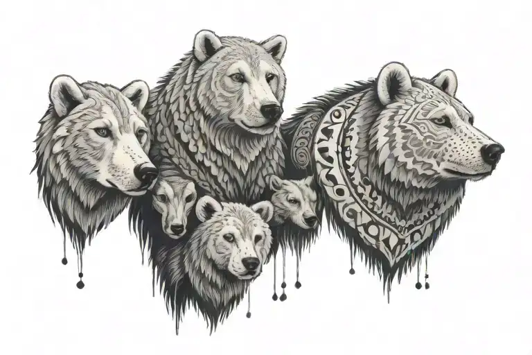 a totem pole of four animals--one is a young polar bear, another a gosling, an adult caribou and an adult lioness tattoo design idea