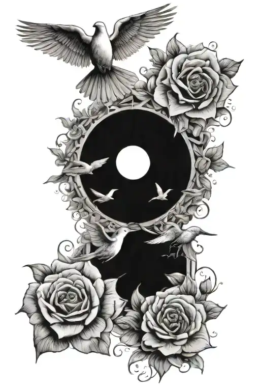 the sun in the sky with rays, doves flying in the sky, roses and lilys coming up from the bottom with a blank space midl tattoo design idea