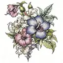 Hibiscus, rose, ghost orchid, iris, daisy, larkspur, water lily, narcisus, violet, and primrose bouquet tattoo design idea