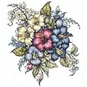 Hibiscus, rose, ghost orchid, iris, daisy, larkspur, water lily, narcisus, violet, and primrose bouquet tattoo design idea