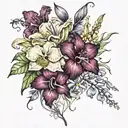 Hibiscus, rose, ghost orchid, iris, daisy, larkspur, water lily, narcisus, violet, and primrose bouquet tattoo design idea