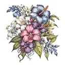 Hibiscus, rose, ghost orchid, iris, daisy, larkspur, water lily, narcisus, violet, and primrose bouquet tattoo design idea