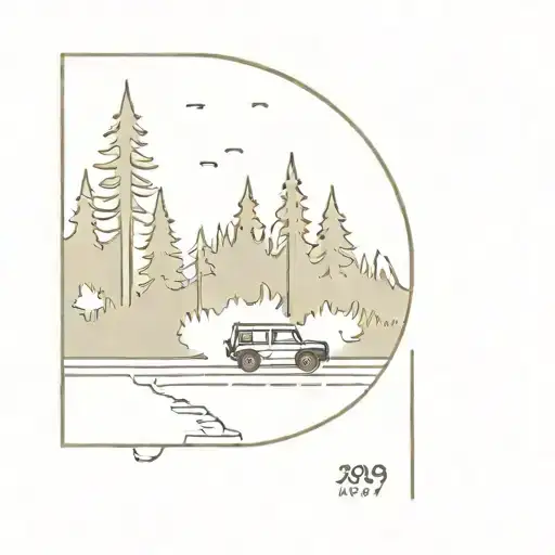road 299 panel in the forest with a jeep on fire next to the road tattoo design idea