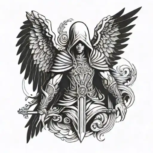 perfectly symmetrical, black and white, hooded angel, warrior tattoo design idea