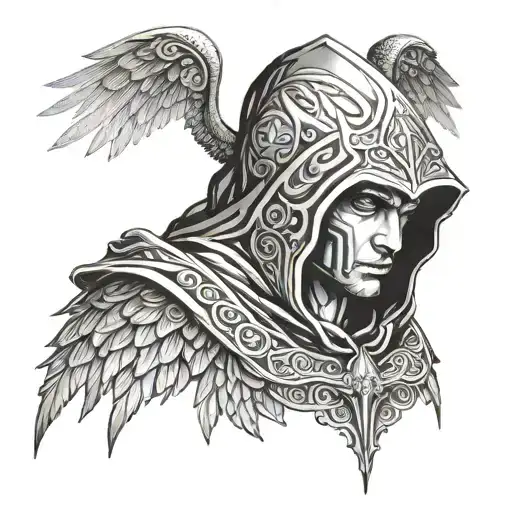 perfectly symmetrical, black and white, hooded angel, male warrior tattoo design idea