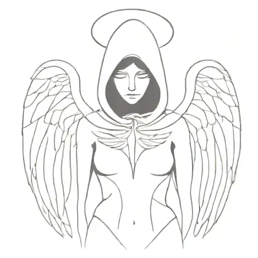perfectly symmetrical, black and white, hooded angel, warrior tattoo design idea
