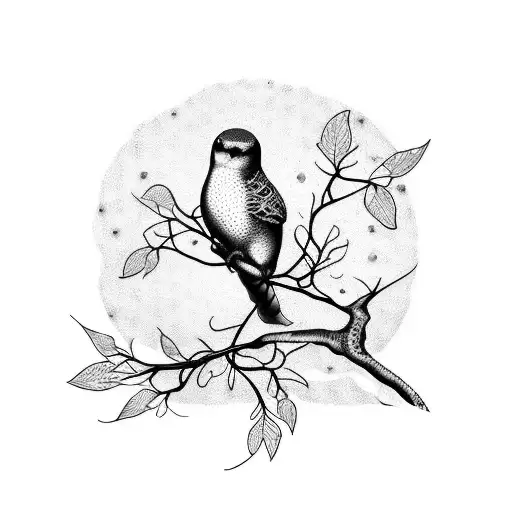 A dotwork tattoo of a bird perched on a tree branch, with intricate patterns and textures inspired by scientific illustrations, merging the client's love for birds and learning. tattoo design idea
