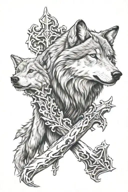 wolf and cross tattoo tattoo design idea