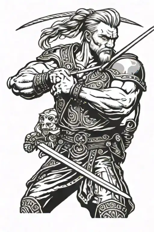 irish warrior, muscular male, spear and sword, blonde hair with braids tattoo design idea