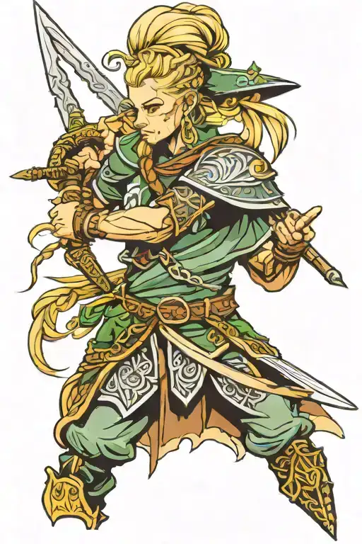 irish warrior, spear and sword, blonde hair with braids tattoo design idea