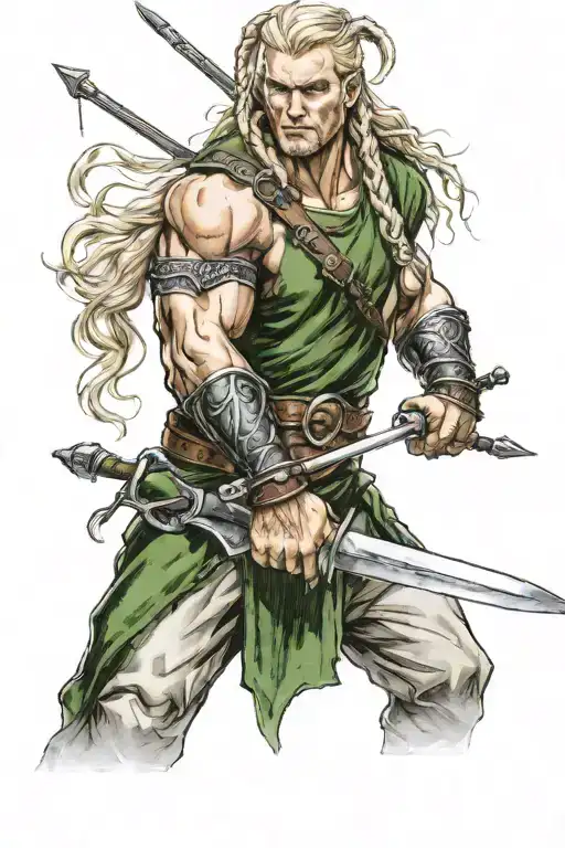irish warrior, muscular male, spear and sword, blonde hair with braids tattoo design idea