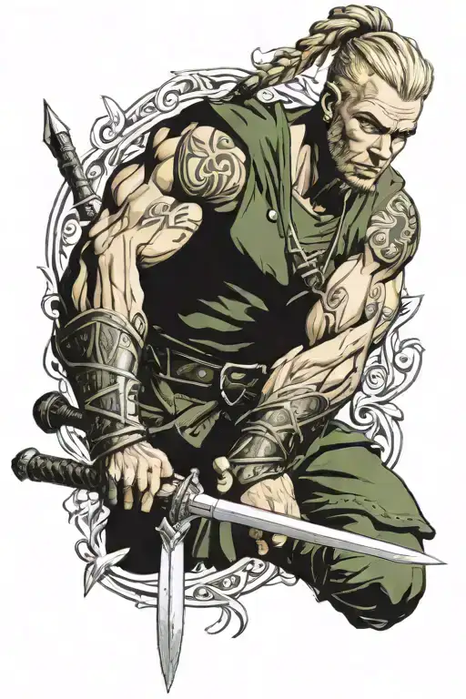 irish warrior, muscular male, spear and sword, blonde hair with braids, fighting tattoo design idea