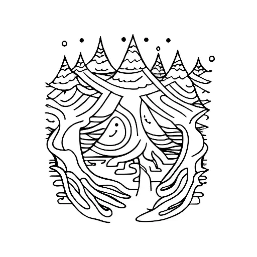 A line art design of a haunted forest with supernatural elements tattoo design idea