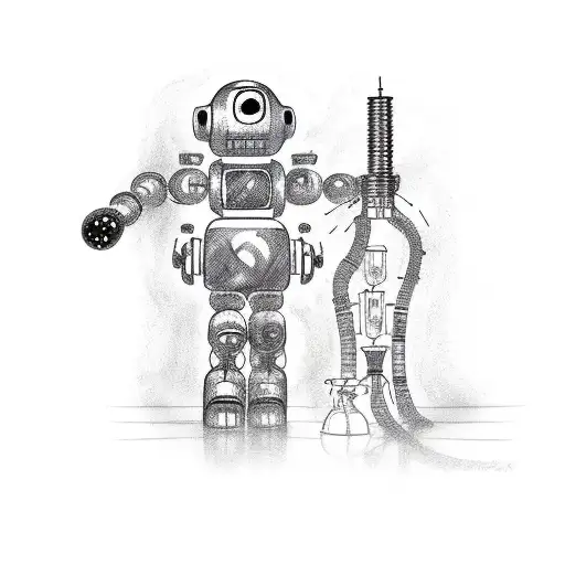 humanoid robot with a flamethrower that shoots out bubbles  tattoo design idea