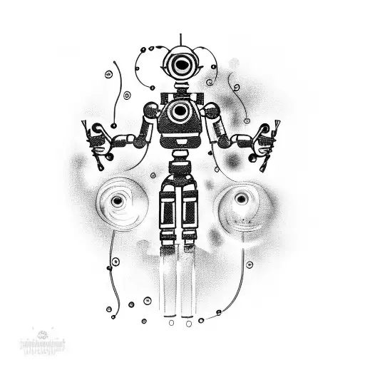 humanoid robot with a flamethrower that shoots out bubbles  tattoo design idea