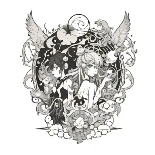 A whimsical mashup of different anime characters in a surreal dreamlike setting tattoo design idea