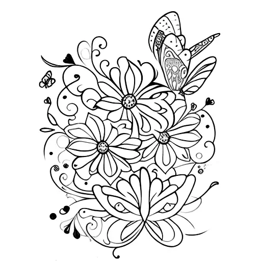 arco de flores y mariposas silvestres en blanco y negro tattoo design idea