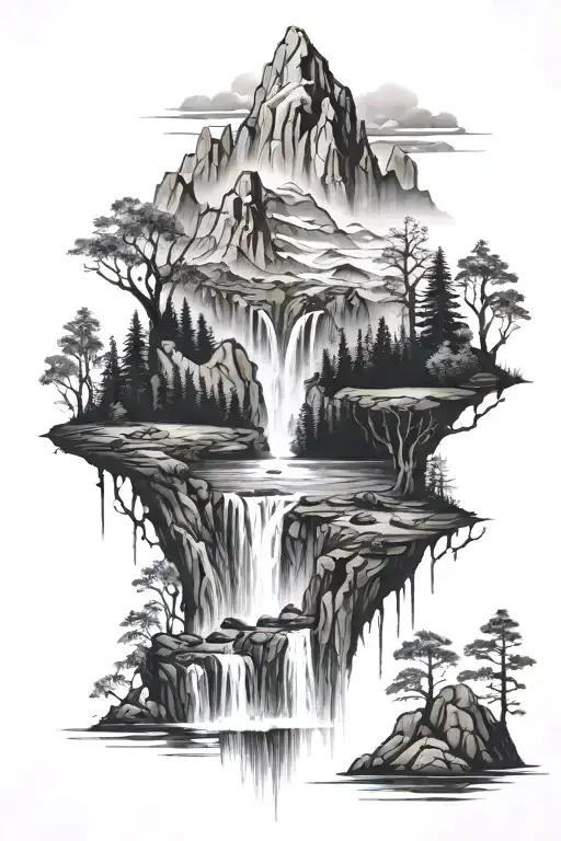 mountains, swamp, Mountains, waterfall tattoo design idea