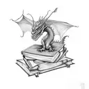 sleeping dragon curled over books tattoo design idea