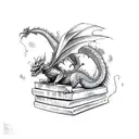 sleeping dragon curled over books tattoo design idea
