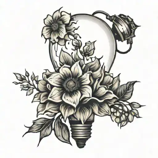 broken light bulb flowers growing black and white to color tattoo design idea
