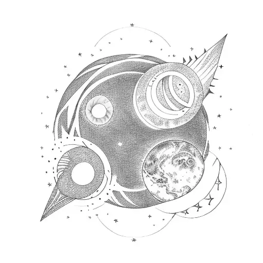 Universe, Planets, Solar Eclipse, 4-Point stars tattoo design idea