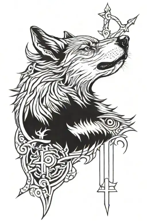 cross with a wolf howling tattoo design idea