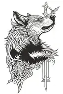 cross with a wolf howling tattoo design idea