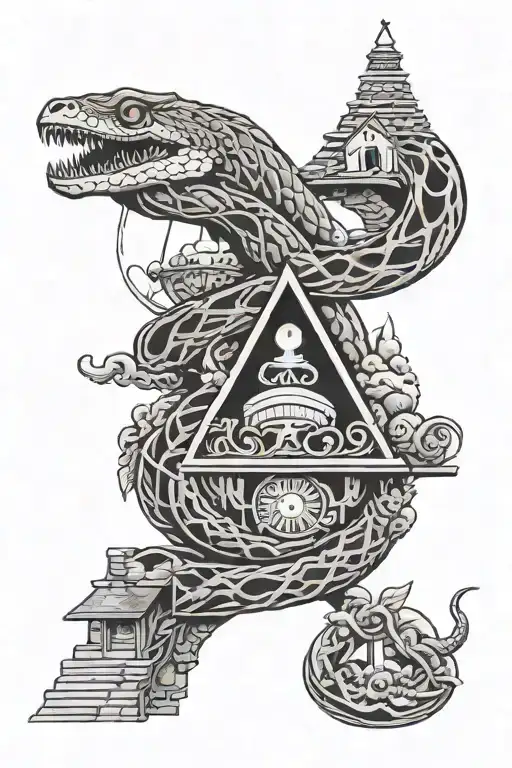 snake, "closed community", all-seeing eye, stairway to heaven and hell tattoo design idea