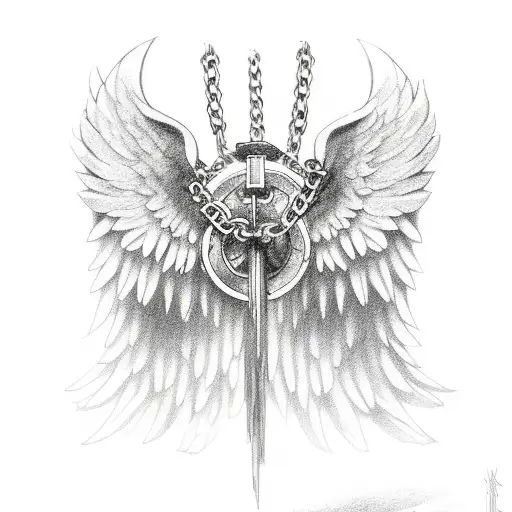 Chain down the middle with an angel wing on one side and a devil wing on the other tattoo design idea