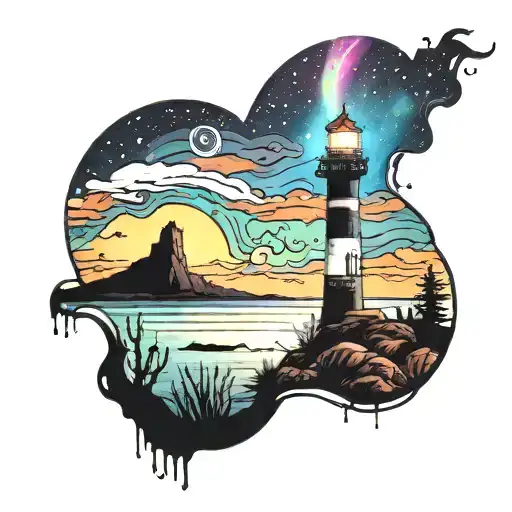 water color painting, aurora night sky, silhouette light house in a desert of mountains, diver in a bioluminescent sea tattoo design idea
