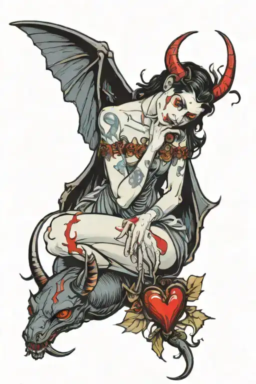 succubus holding a bleeding heart with her victims dead at her feet tattoo design idea