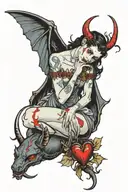 succubus holding a bleeding heart with her victims dead at her feet tattoo design idea