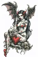 succubus holding a bleeding heart with her victims dead at her feet tattoo design idea