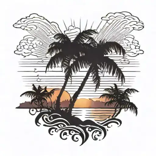 A majestic palm tree silhouette against a vibrant sunset on the beach tattoo design idea