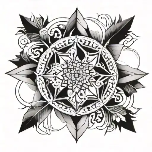 A geometric mandala design incorporating elements related to Anisha's occupation tattoo design idea
