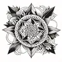 A geometric mandala design incorporating elements related to Anisha's occupation tattoo design idea