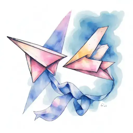 2 paper airplane flying together breast cancer ribbon tattoo design idea