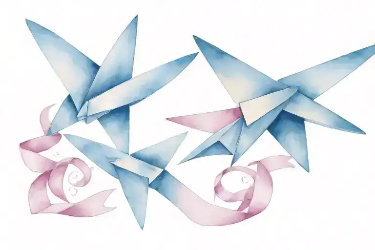 2 paper airplanes flying breast cancer ribbon bow tattoo design idea