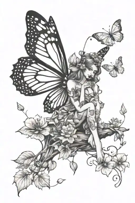 small butterfly fairy sitting in the woods with flowers and leaves and trees  tattoo design idea