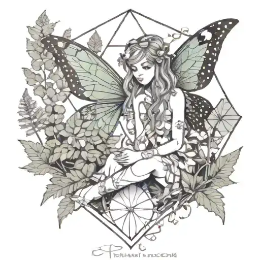 Small Fairy sitting on forest floor with ferns, coneflowers, trees in background tattoo design idea
