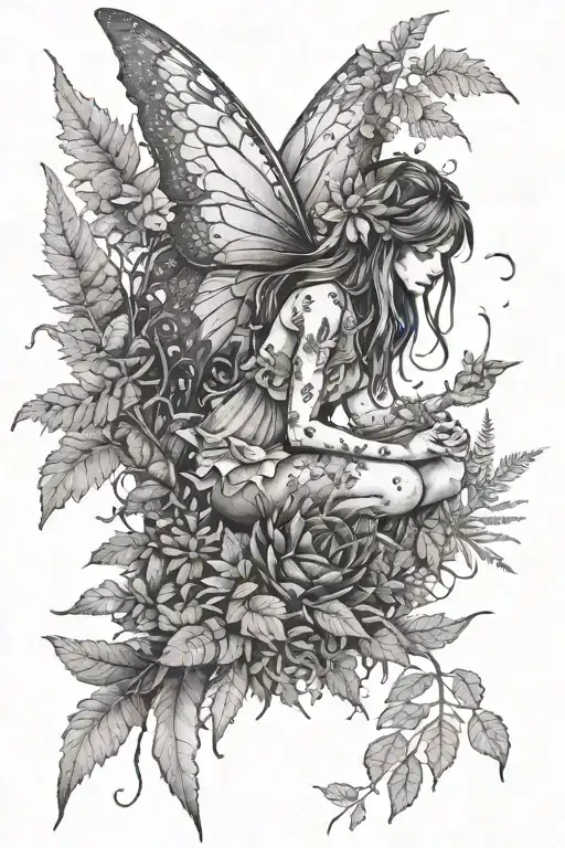 small fairy sitting in the woods with ferns and coneflowers and leaves and trees  tattoo design idea